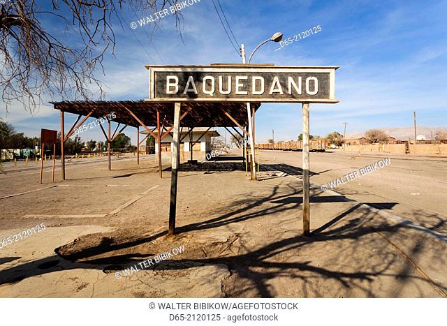 Chile, Baquedano, town sign by railroad station