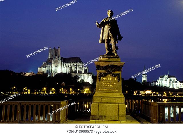 Auxerre, Burgundy, France, Yonne, Bourgogne, Europe, wine region, Statue of Paul Bert along the Yonne River in the city of Auxerre. Cathedral St