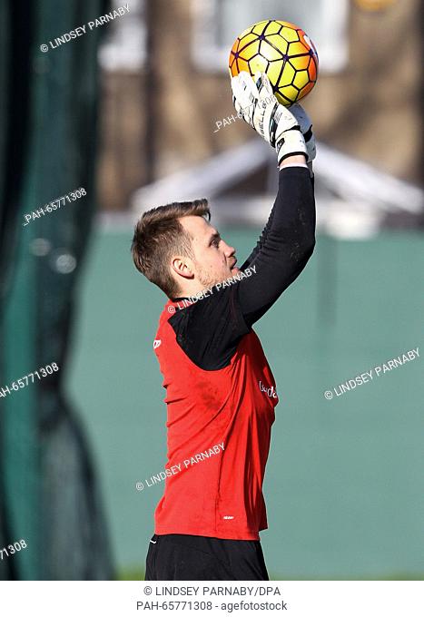 Liverpool's goalkeeper Simon Mignolet in action during team training session at the Melwood Training Ground in Liverpool, north west Britain on 11 February 2016
