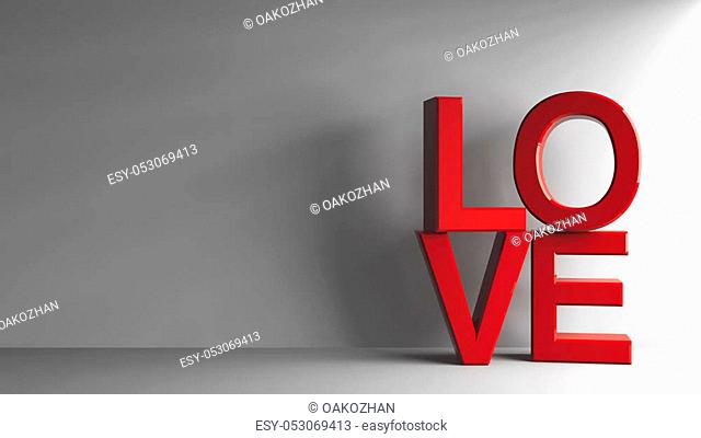 Red word love on grey background, represented love and Valentine's day, three-dimensional rendering, 3D illustration