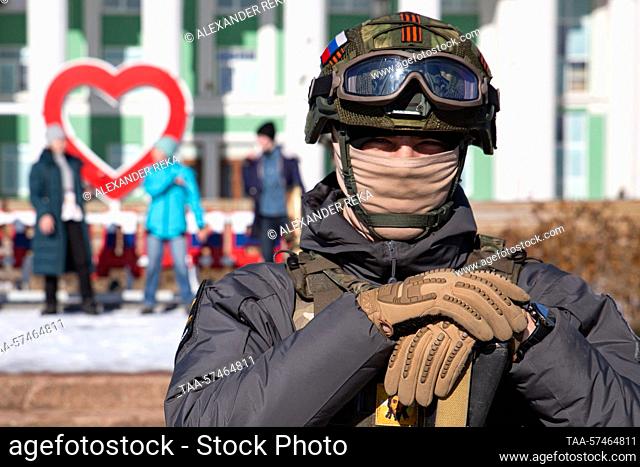 RUSSIA, SEVERODONETSK - FEBRUARY 20, 2023: A Russian serviceman is seen in Peace Square. The Lugansk People's Republic acceded to Russia as a result of a...