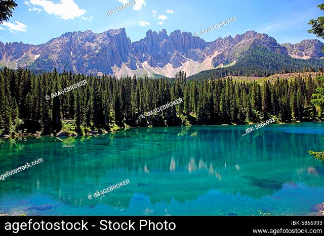 Lake Carezza, Lago di Carezza, with Latemar Group in the background, Dolomites, South Tyrol, Italy, Europe