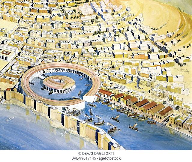 Punic civilization. Reconstruction of Byrsa Hill, with the Punic city and Hannibal's circular harbour, late 4th-2nd century b.C. Fresco by architect J