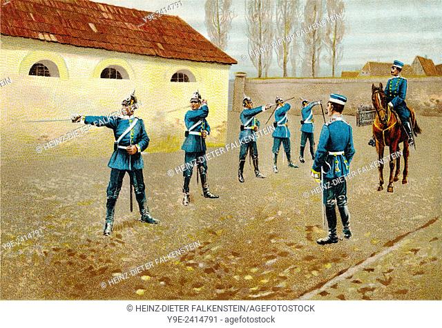German dragoons from Württemberg fencing, Franco-Prussian War, 1871, deutsche Dragoner aus Würtemberg beim Hiebfechten, Deutsch-Französischer Krieg, 1871
