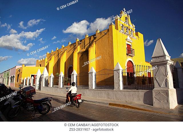 Motorcyclist in front of the Temple Of The Sweet Name Of Jesus, Campeche City, Campeche State, Mexico, Central America