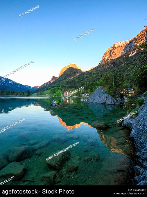 Wonderful sunrise of Hintersee lake. Amazing morning view of Bavarian Alps on the Austrian border, Germany, Europe. Beauty of nature concept background
