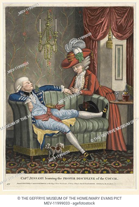 Mezzotint on laid paper entitled, 'CAPT JESSAMY learning the PROPER DISCIPLINE OF THE COUCH', hand-coloured with watercolour and gouache