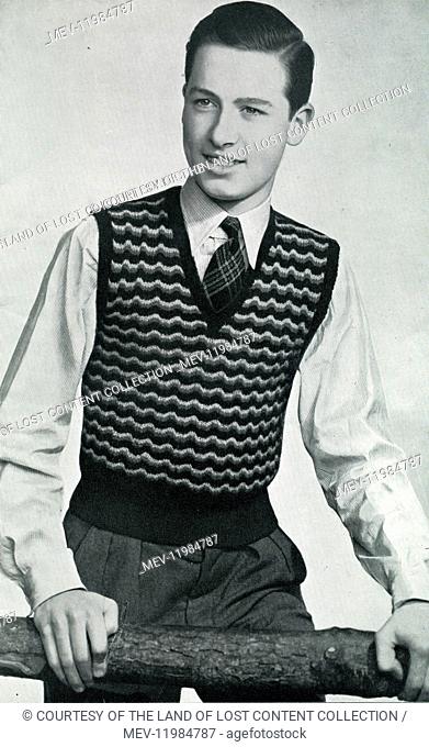 dorette designs 1946 feb - dorette designs 1946 feb, mens fashion photograph for knitting pattern, v-neck tank top, wolsey fingering, wavey pattern