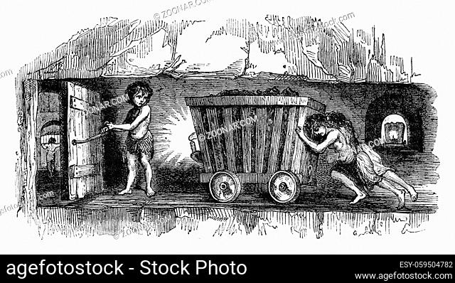 Scenes in coal mines in England, The trapper, vintage engraved illustration. Magasin Pittoresque 1843