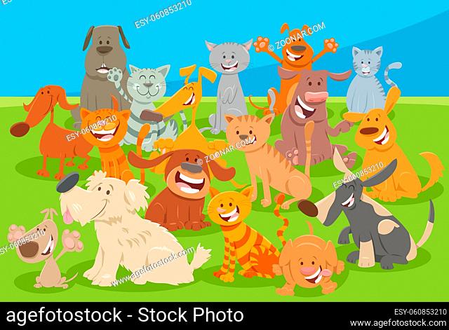 Cartoon illustration of comic dogs and cats funny animal characters group