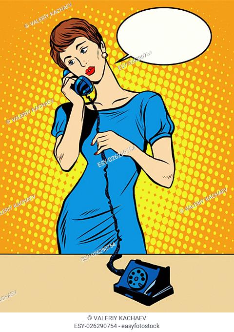 Hello girl answers the phone pop art retro style. Telephone hot line. Secretary on the phone. Reception