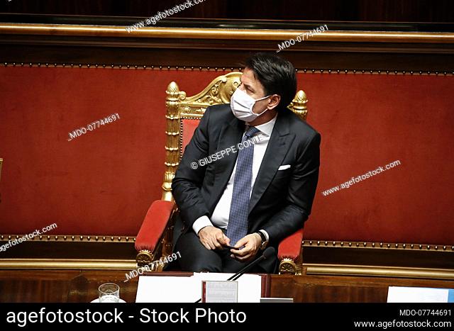 Italian Prime Minister Giuseppe Conte with protective mask during the session in the Senate Hall for communications on further initiatives in relation to the...