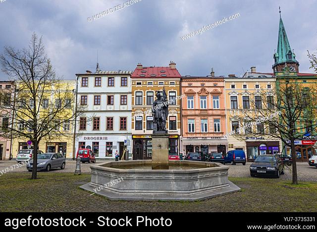 Fountain on the Town Square in Frydek-Mistek city in the Moravian-Silesian Region of Czech Republic
