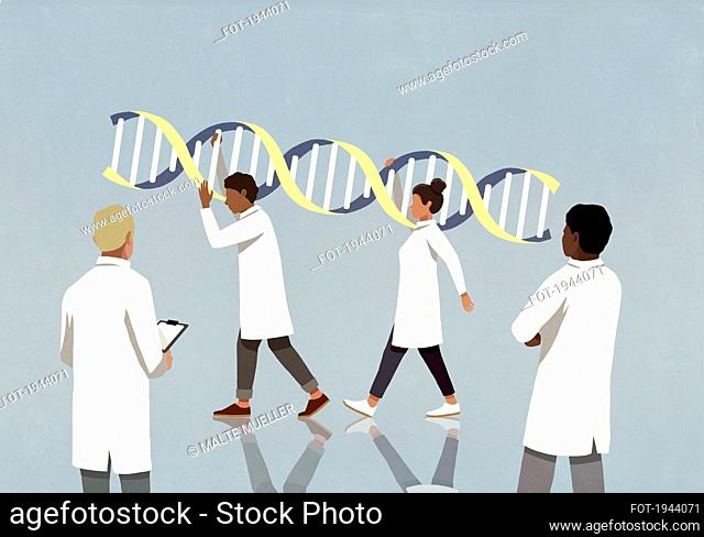 Doctors in lab coats carrying large double helix