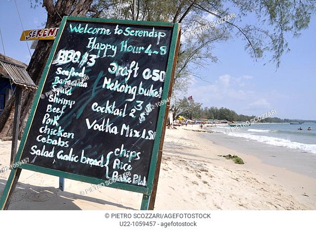 Sihanoukville (Cambodia): a restaurant's board at Serendipity Beach