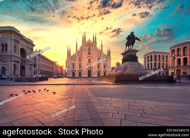 Duomo , Milan gothic cathedral at sunrise, Italy, Europe.Horizontal photo with copy-space