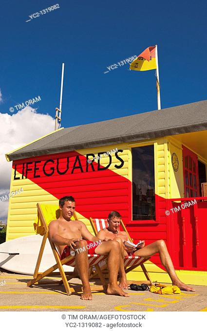 The lifeguards on the seafront in Southwold , Suffolk , England , Britain , Uk