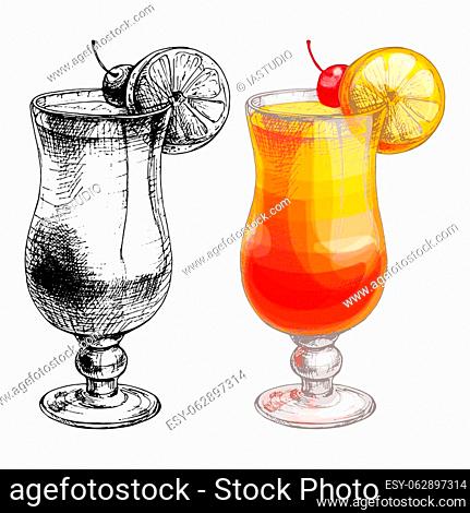 Tequila sunrise cocktail with cherry and slice orange. Vector vintage hatching color illustration. Isolated on white background. Hand drawn design