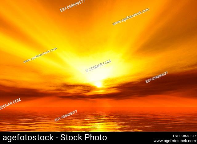 A warm sunset over the ocean with god rays. 3D illustration