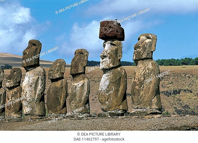 Chile, Easter Island. Rapa-Nui National Park (UNESCO World Heritage Site, 1995). Moais (megalithic anthropomorphic statues). Ahu Tongariki