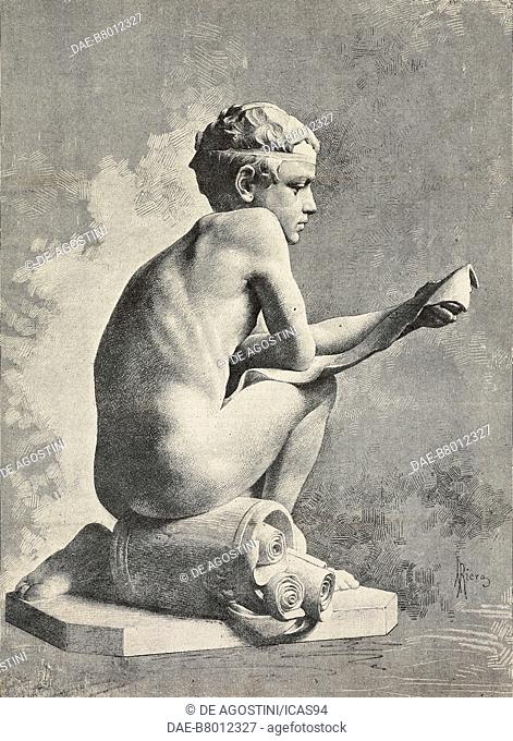 Euclid, statue by Giacomo Ginotti (1845-1897), engraving from a drawing by A Riera, from L'Illustrazione Italiana, year 10, no 11, March 18, 1883