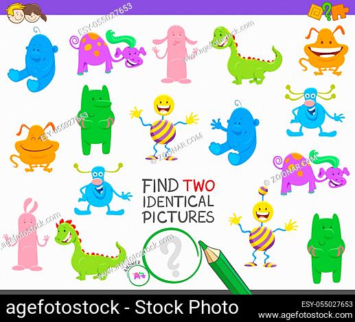 Cartoon Illustration of Finding Two Identical Pictures Educational Game for Children with Cute Monsters Characters