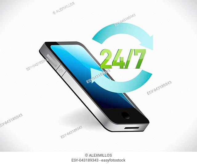 twenty four seven all day service help phone illustration concept over white