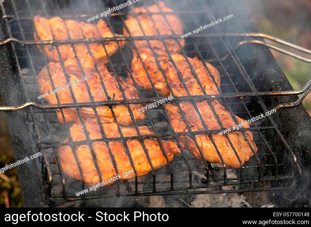 Delicious meat, grilled on a grill with a delicious crust cooked in the open air