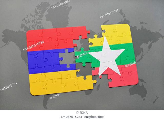 puzzle with the national flag of armenia and myanmar on a world map background. 3D illustration