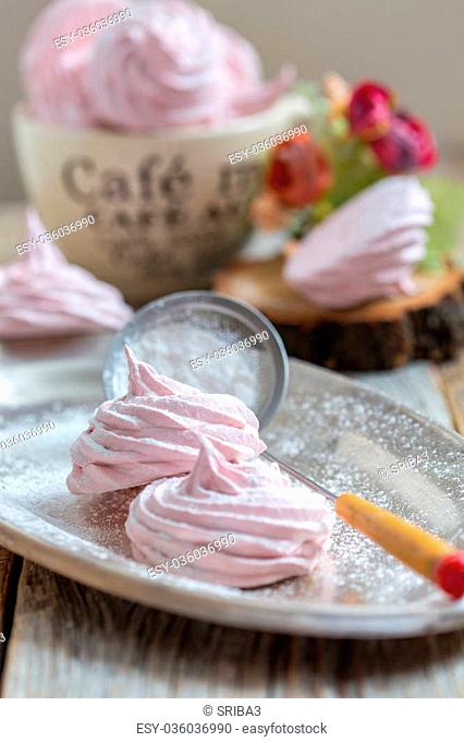 Homemade vanilla marshmallows on the wooden table