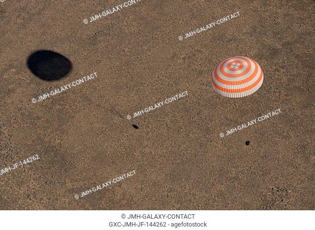 The Soyuz MS-02 spacecraft is seen as it lands with Expedition 50 Commander Shane Kimbrough of NASA and Flight Engineers Sergey Ryzhikov and Andrey Borisenko of...