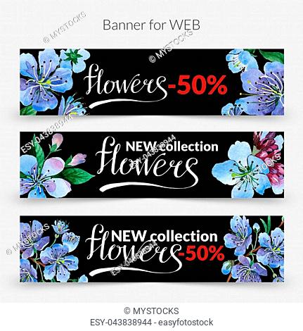 Wildflower cherry flowers promo sale banner template in a watercolor style isolated. Aquarelle wildflower promo sale banner template for background, texture