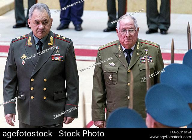 RUSSIA, MOSCOW - JUNE 27, 2023: Russia's Defence Minister Sergei Shoigu (L) and Cuba's Revolutionary Armed Forces Minister Alvaro Lopez Miera meet at the...