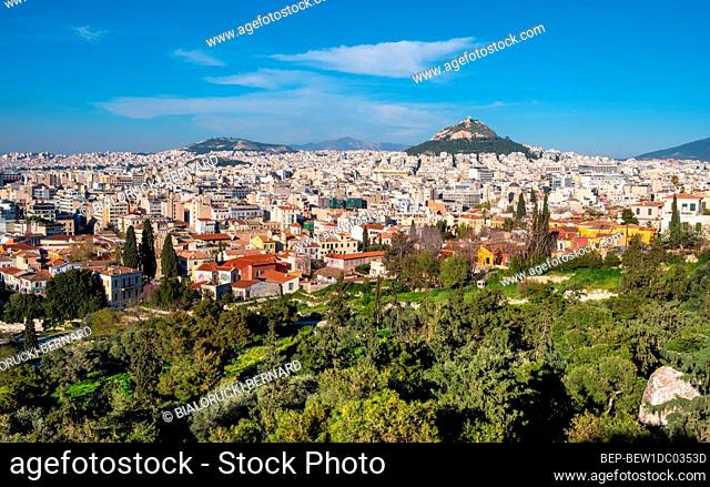Athens, Attica / Greece - 2018/03/30: Panoramic view of metropolitan Athens with Lycabettus Lycabettus hill and Pedion tou Areos park seen from Areopagus rock