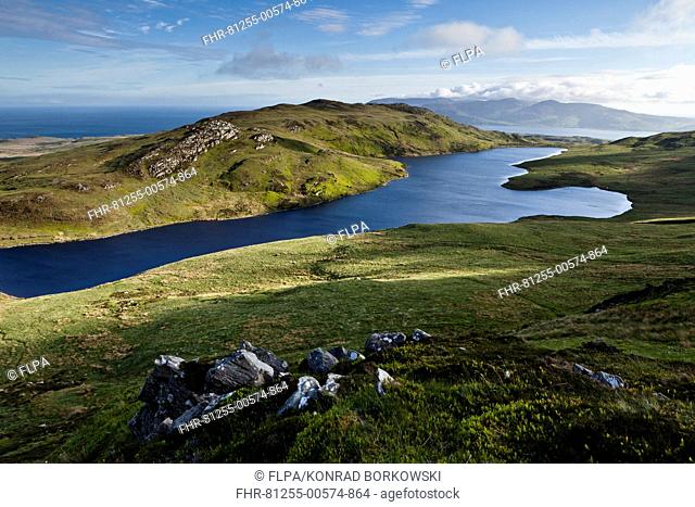 View of freshwater loch and coastline, viewed from halfway up Dubh Bheinn across east coast of Islay, Loch a Bhaile-Mhargaidh (Market Loch), Isle of Jura