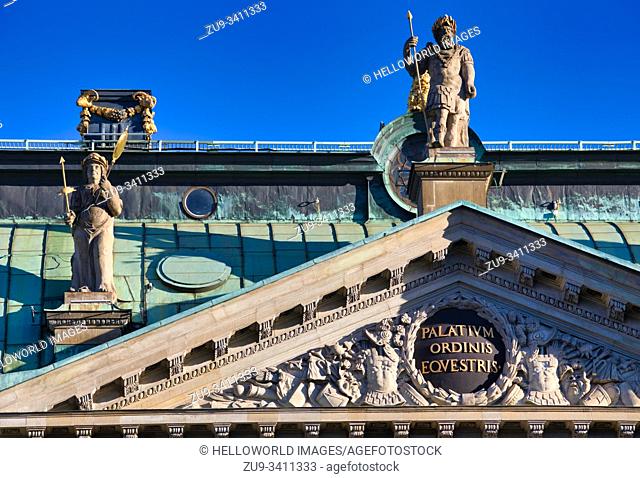 Decorative ornate sculptures on the roof of the House of Nobility (Riddarhuset), Gamla Stan, Stockholm, Sweden. Construction began in 1641 and was completed in...