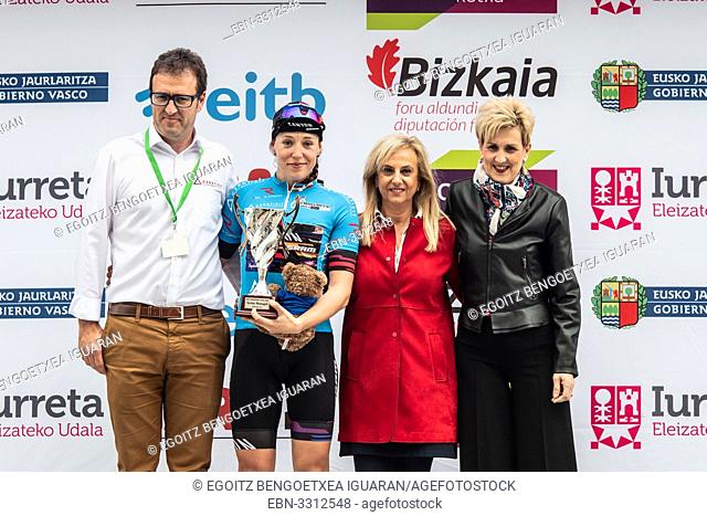 Tanja Erath, leader of sprints, at the podium of the 2nd stage of UCI women cycling race Emakumeen Bira, at the Basque Country