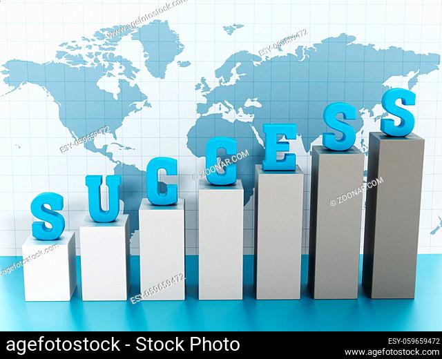 Success word on rising graph on world map background