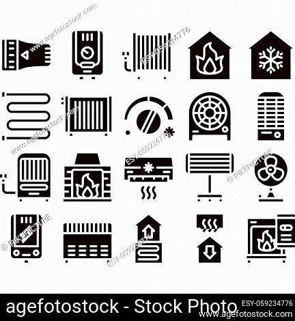 Heating And Cooling Collection Vector Icons Set Thin Line. Cool And Humidity, Airing, Ionisation And Heating Glyph Pictograms Black Illustrations