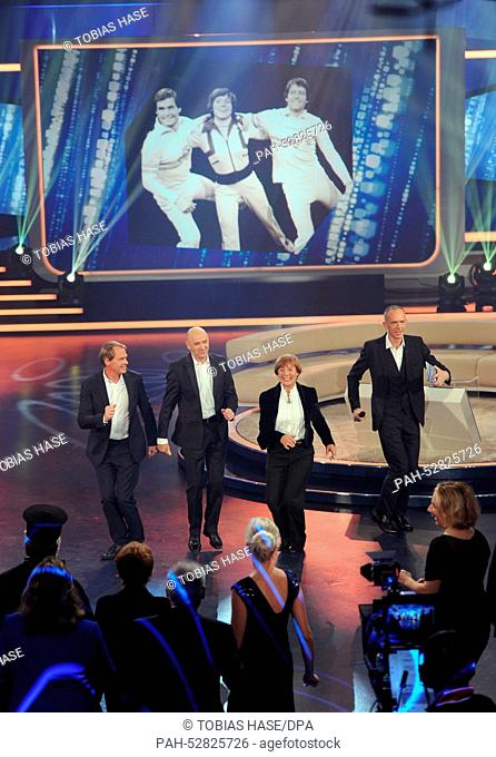 Former ski racers, Markus Wasmeier (L-R), Christian Neureuther and Rosi Mittermaier and TV presenter Christoph Suess are pictured during the jubilee gala...