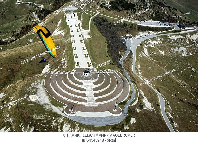 Paraglider over Monument at Monte Grappa, First World War, Sacrario del Monte Grappa, Aerial View, Cimagrappa, Semonzo, Bassano, Veneto, Italy