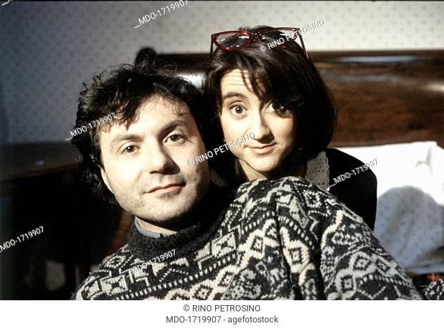 Maurizio Milani and Luciana Littizzetto on the TV set of Letti gemelli. Italian comedian Maurizio Milani (Carlo Barcellesi) posing on the set of the Tv variety...