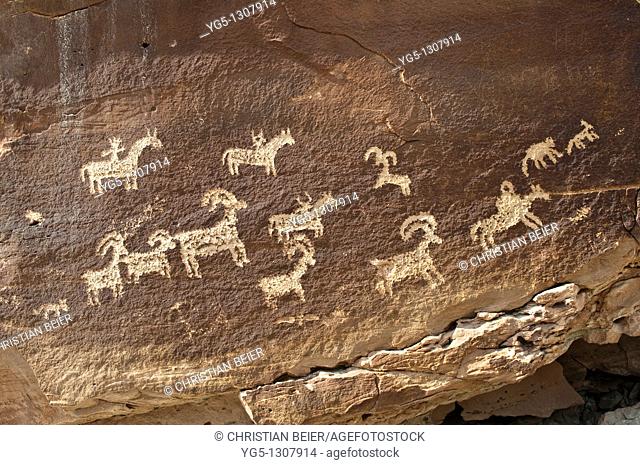 Petroglyphs of the native Americans, about 1500 years old, near WOLF RANCH, Arches National Park, Utah, USA
