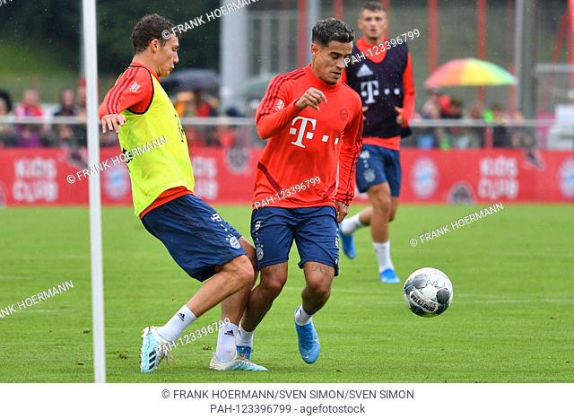 Philippe COUTINHO (Bayern Munich) on the ball, action, duels versus Benjamin PAVARD (Bayern Munich). FC Bayern Munich training on the Saebener road