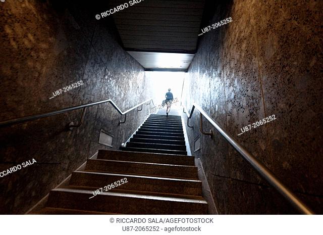 Germany, Bavaria, Munich, Underground, Person Coming Out of the Metro