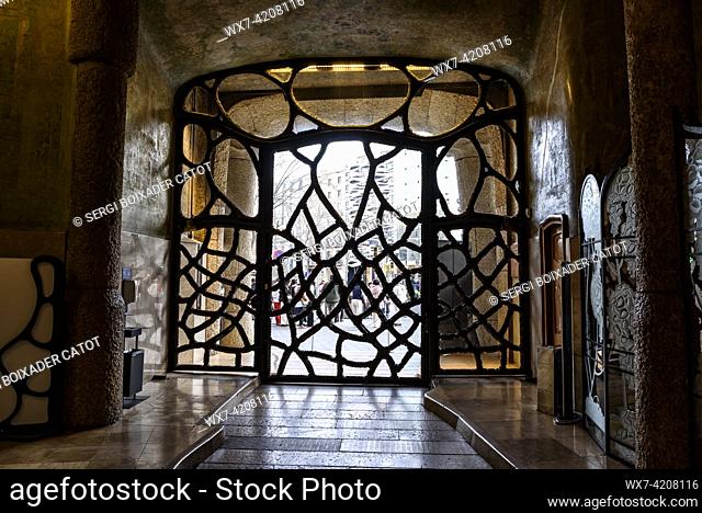 Wrought iron gate at the entrance of Casa MilÃ  (La Pedrera) designed by Antoni Gaudí (Barcelona, Catalonia, Spain)
