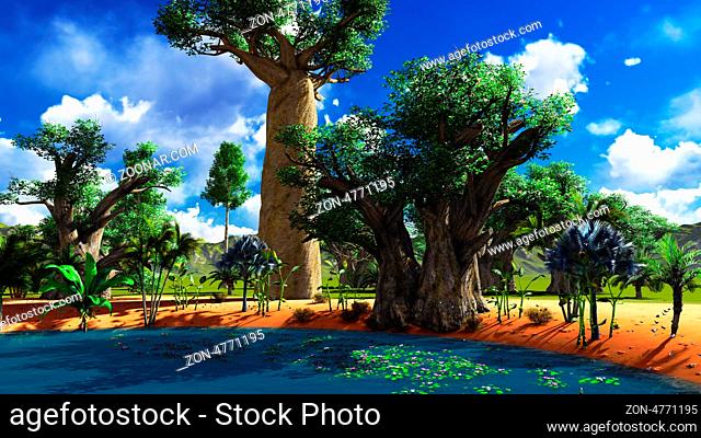African baobabs and lush vegetation in Madgascar