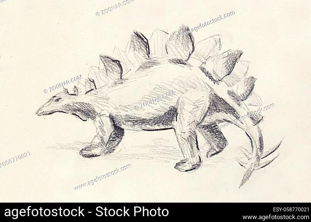 Stegosaurus pencil drawing on old paper, Original hand draw