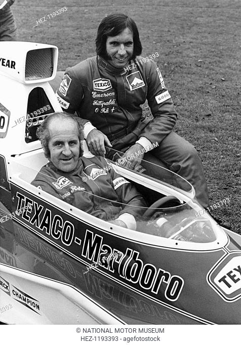 Denny Hulme and Emerson Fittipaldi, 1974. Hulme, (in the McLaren M23), and Fittipaldi in their Texaco-Marlboro Mclaren racing overalls