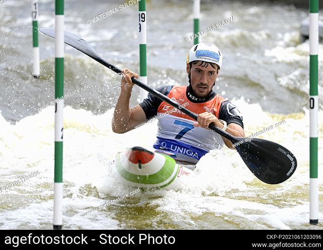 Second placed Giovanni De Gennaro of Italy competes during the final K1 men's race of the ICF Canoe-Kayak Slalom World Cup in Prague, Czech Republic, June 12